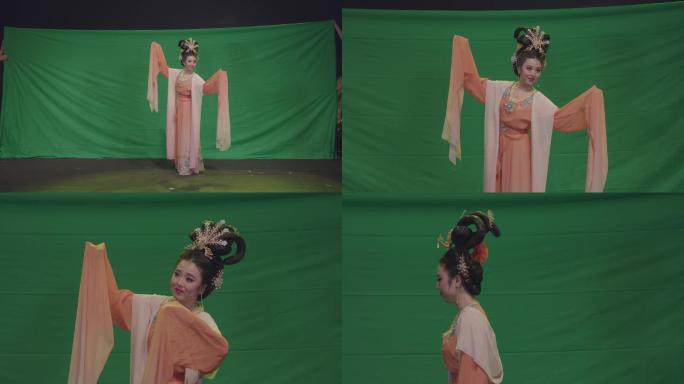 中国风古装美女模特黄梅戏绿布抠像