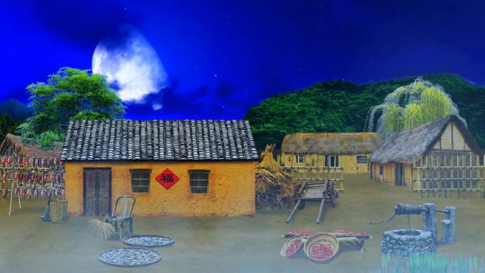 古代农家渔村茅草屋-夜景