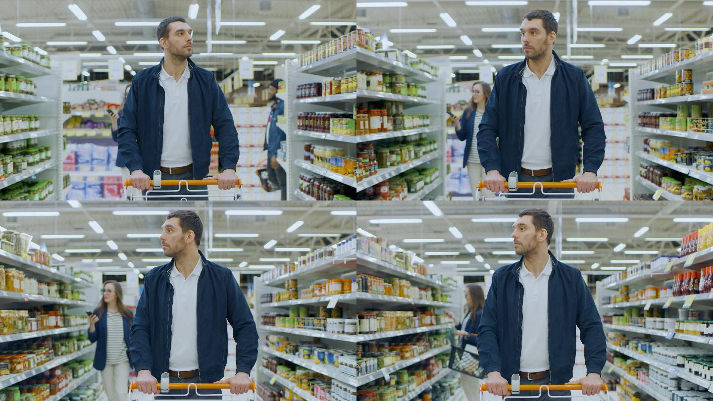 一个男人在逛超市商场商业品牌导购超市人流