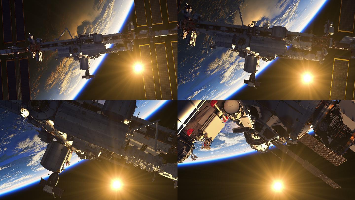 以地球和太阳升起为背景的国际空间站飞行。