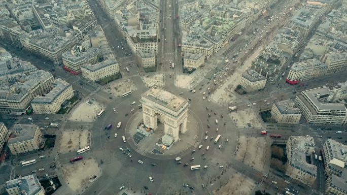 巴黎凯旋门鸟瞰图城市快速高速发展航拍延时