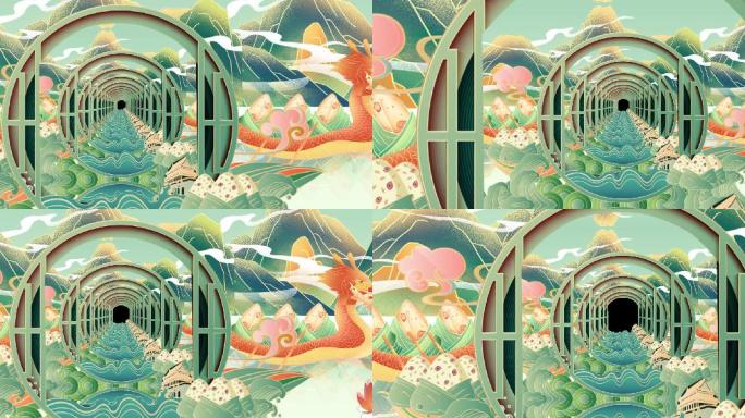 国潮风端午节赛龙舟吃粽子穿梭感大屏幕素材