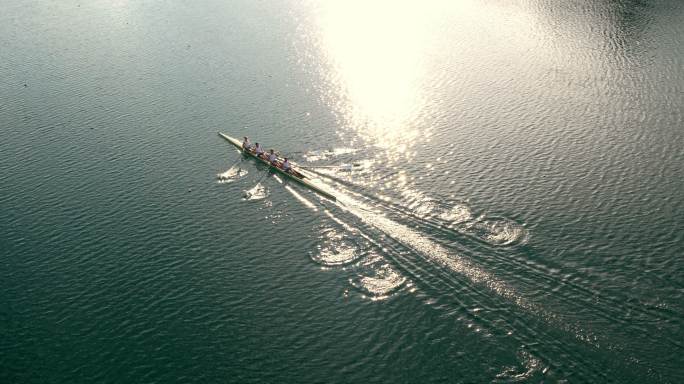 运动员在阳光下划船经过湖面