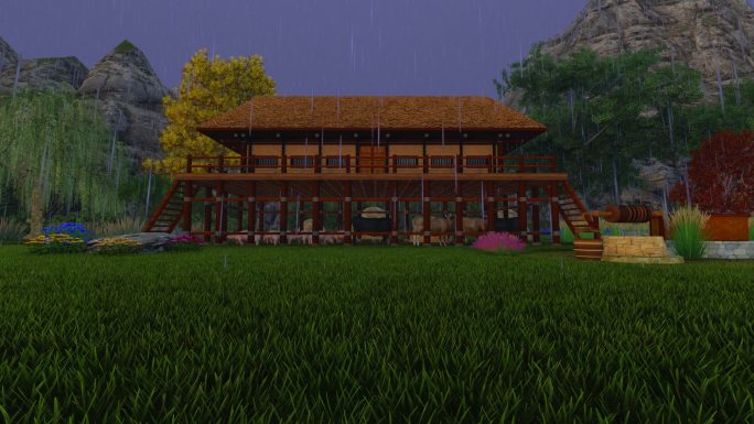 三维动画干栏式古代草房民居-雨景