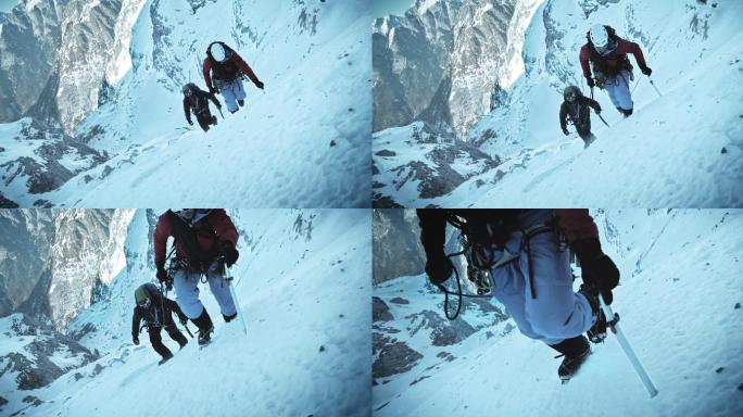 斯洛莫冬季登山者在雪山上前进