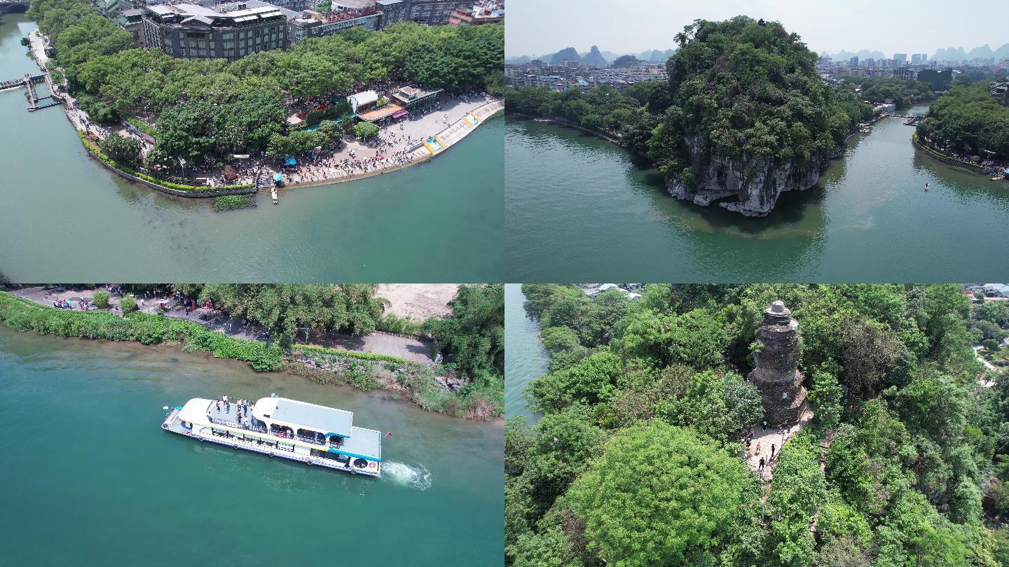 五一节桂林漓江风景区游船游客多镜头航拍