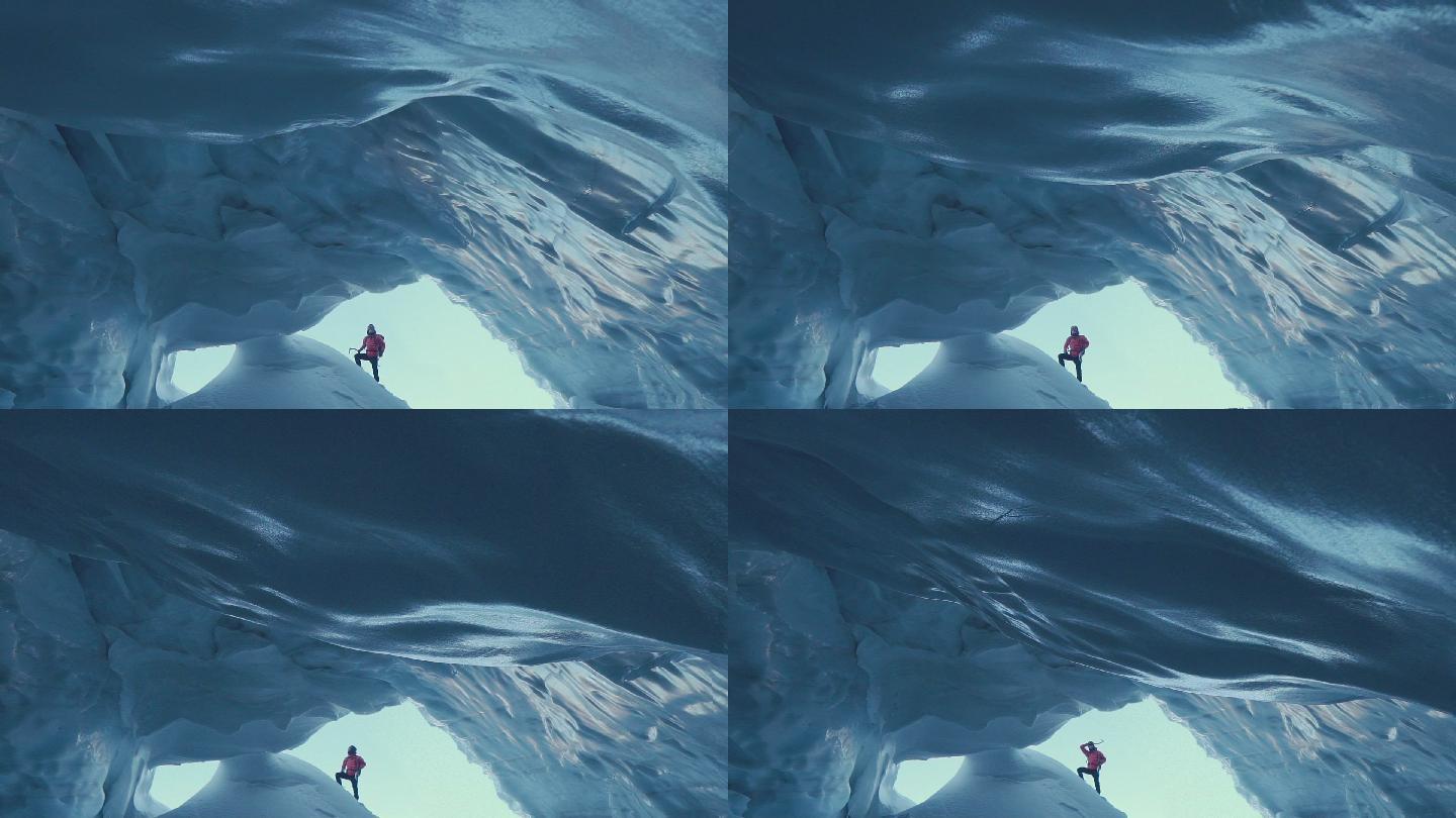探索冰洞的女人登山攀登励志攀岩跨越征服