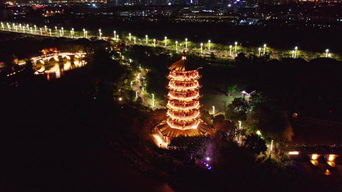 东莞航拍华阳湖湿地公园华阳塔夜景环绕