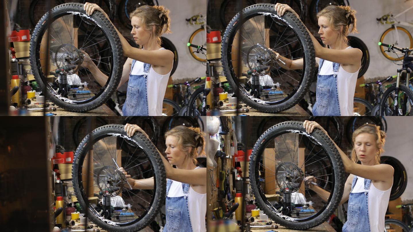 一个女人正在修自行车