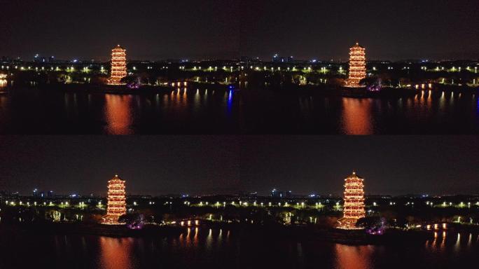 东莞航拍华阳湖湿地公园华阳塔夜景前进2