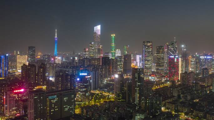 广州珠江新城夜景航拍延时摄影