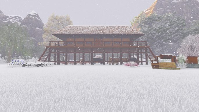 三维动画干栏式古代草房民居-雪景