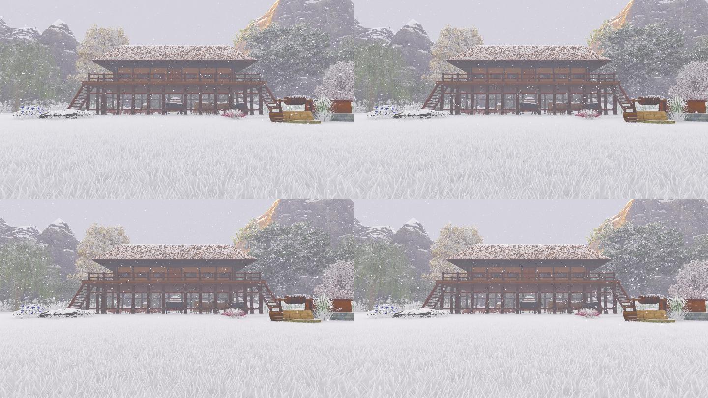 三维动画干栏式古代草房民居-雪景