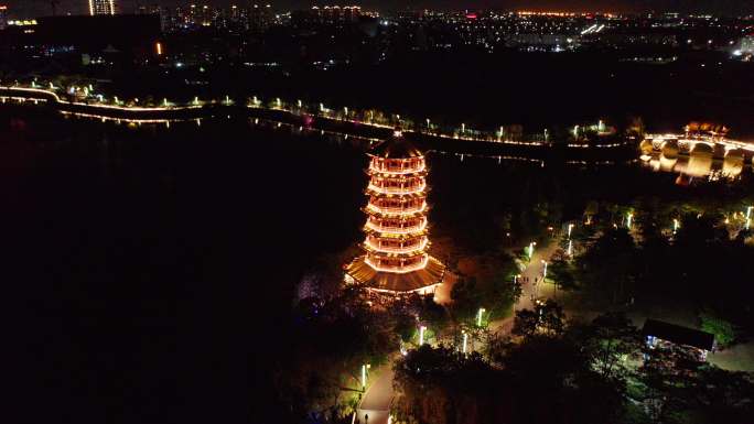 东莞航拍华阳湖湿地公园华阳塔夜景右环绕