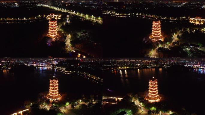 东莞航拍华阳湖湿地公园华阳塔夜景右环绕