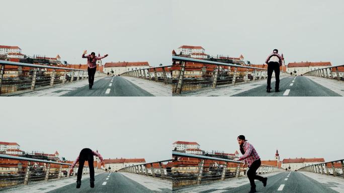 霹雳舞者在桥上表演空翻