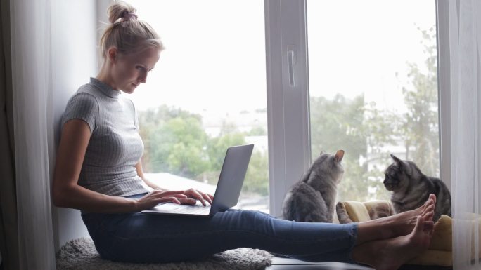 女人用笔记本电脑和她的猫坐在窗台上