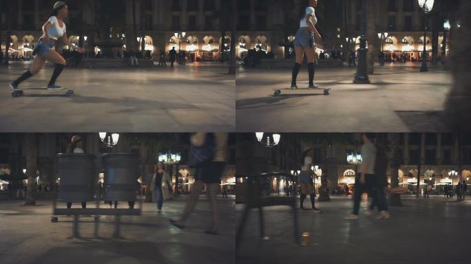 晚上在街上玩滑板的女人