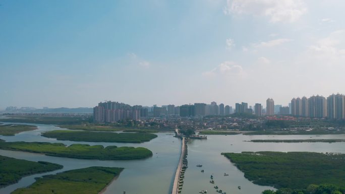 泉州洛阳桥航拍万安桥河流溪流渔船生态湿地