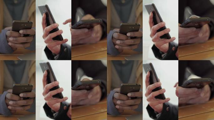 男性手在智能手机上发短信的特写镜头拼贴