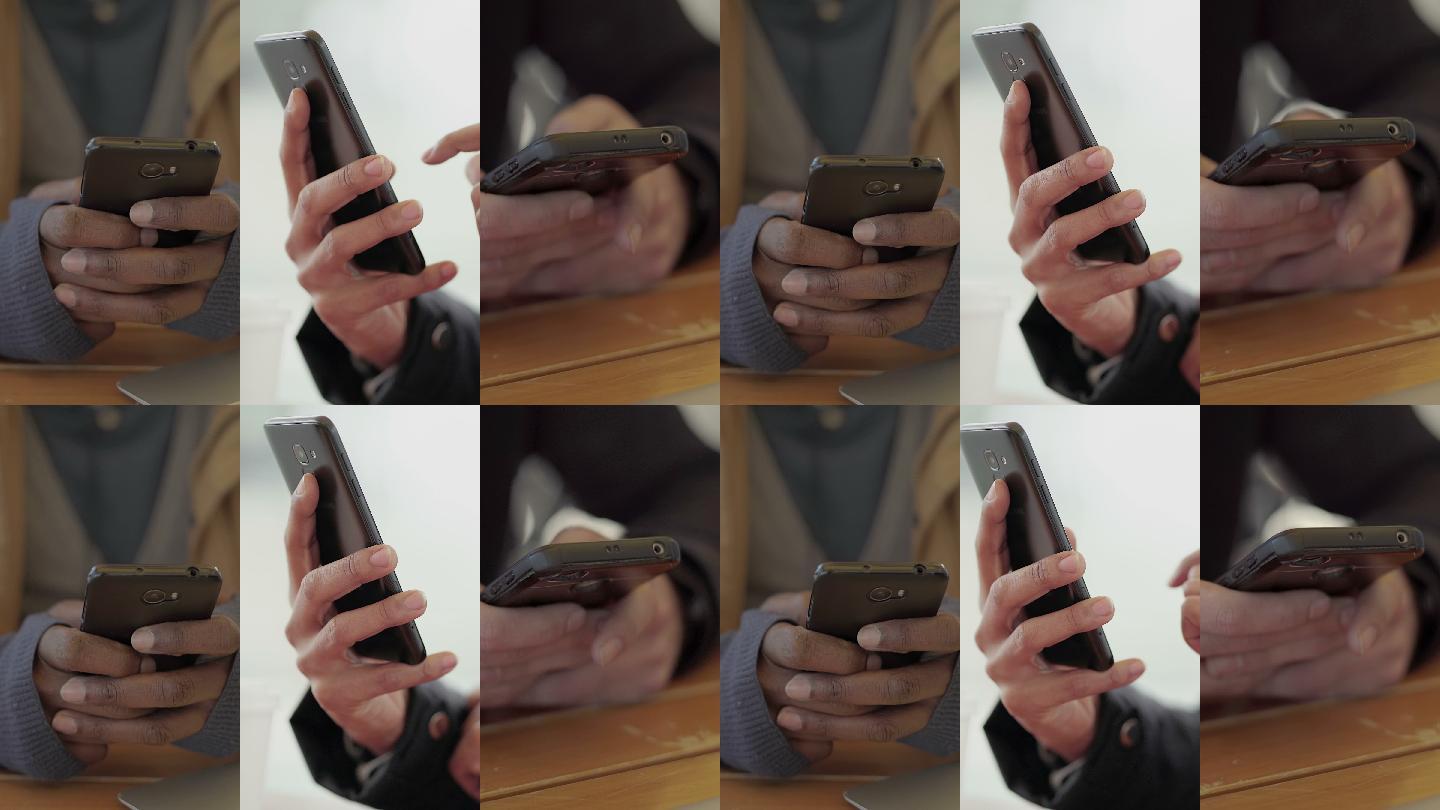 男性手在智能手机上发短信的特写镜头拼贴