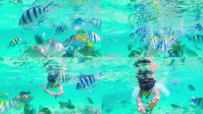 在水下浮潜的女孩美女潜游潜泳水肺
