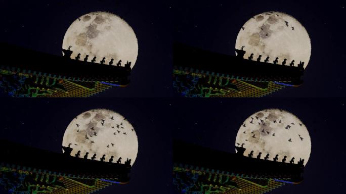 4K60帧乌鸦飞过月亮屋脊兽素材
