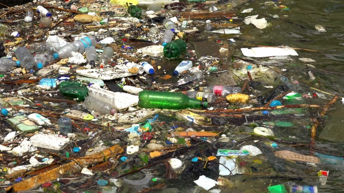 海面上漂浮着许多的垃圾和瓶子