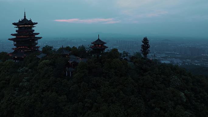 杭州半山国家森林公园望宸阁夜景航拍素材