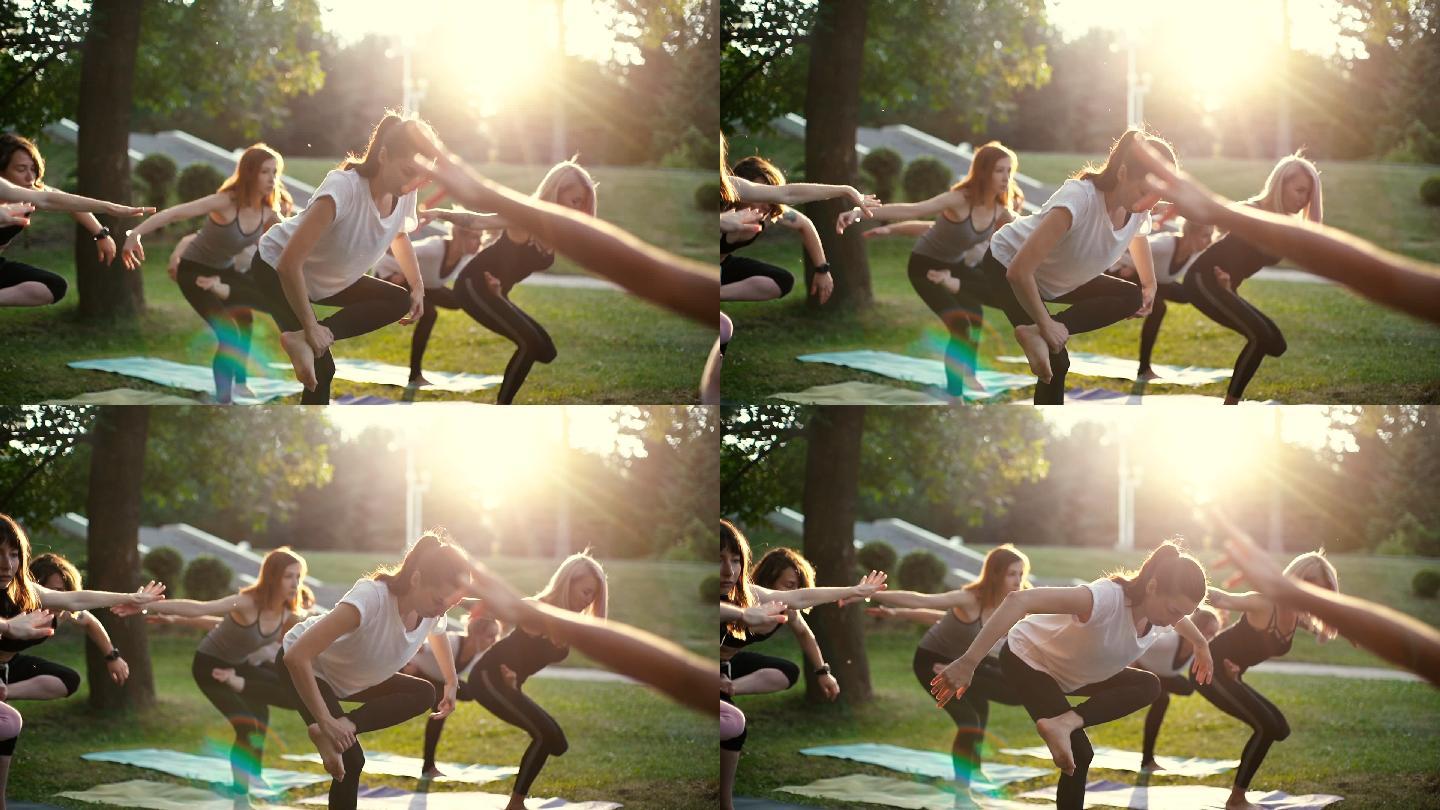 一群年轻女子在公园练瑜伽