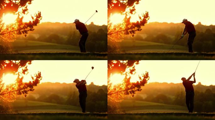 高尔夫球手在日落中开球