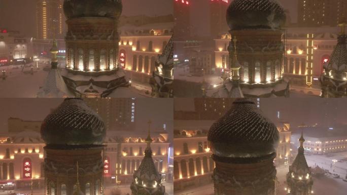 雪花纷飞的哈尔滨索菲亚教堂