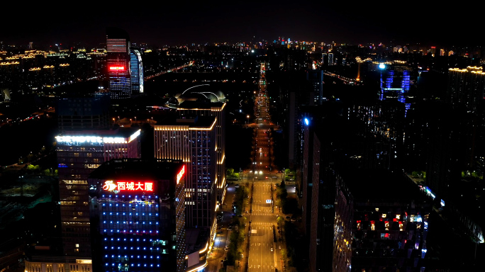 济南西部标志性城市建筑航拍夜景延时素材