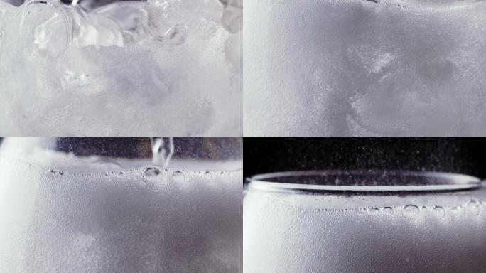 往杯子里倒的汽水冰块入水慢动作融化低温夏