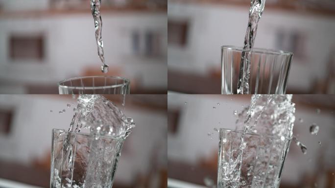 把纯净的冷水倒进玻璃杯里