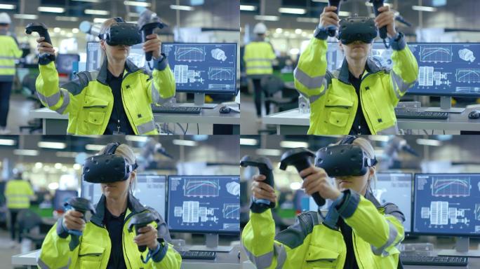 工程师戴着虚拟现实耳机，用控制器做手势