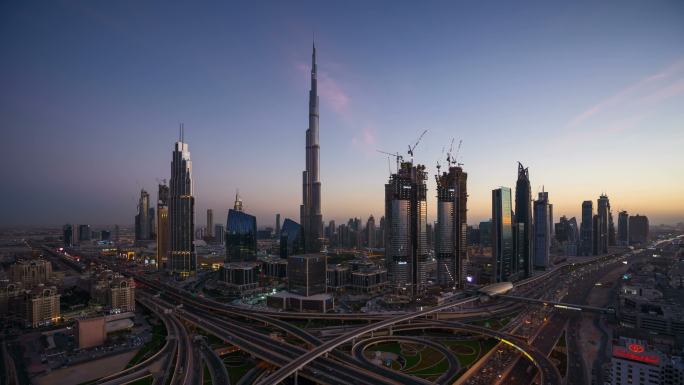 迪拜超时空天际线城市快速发展航拍延时空镜