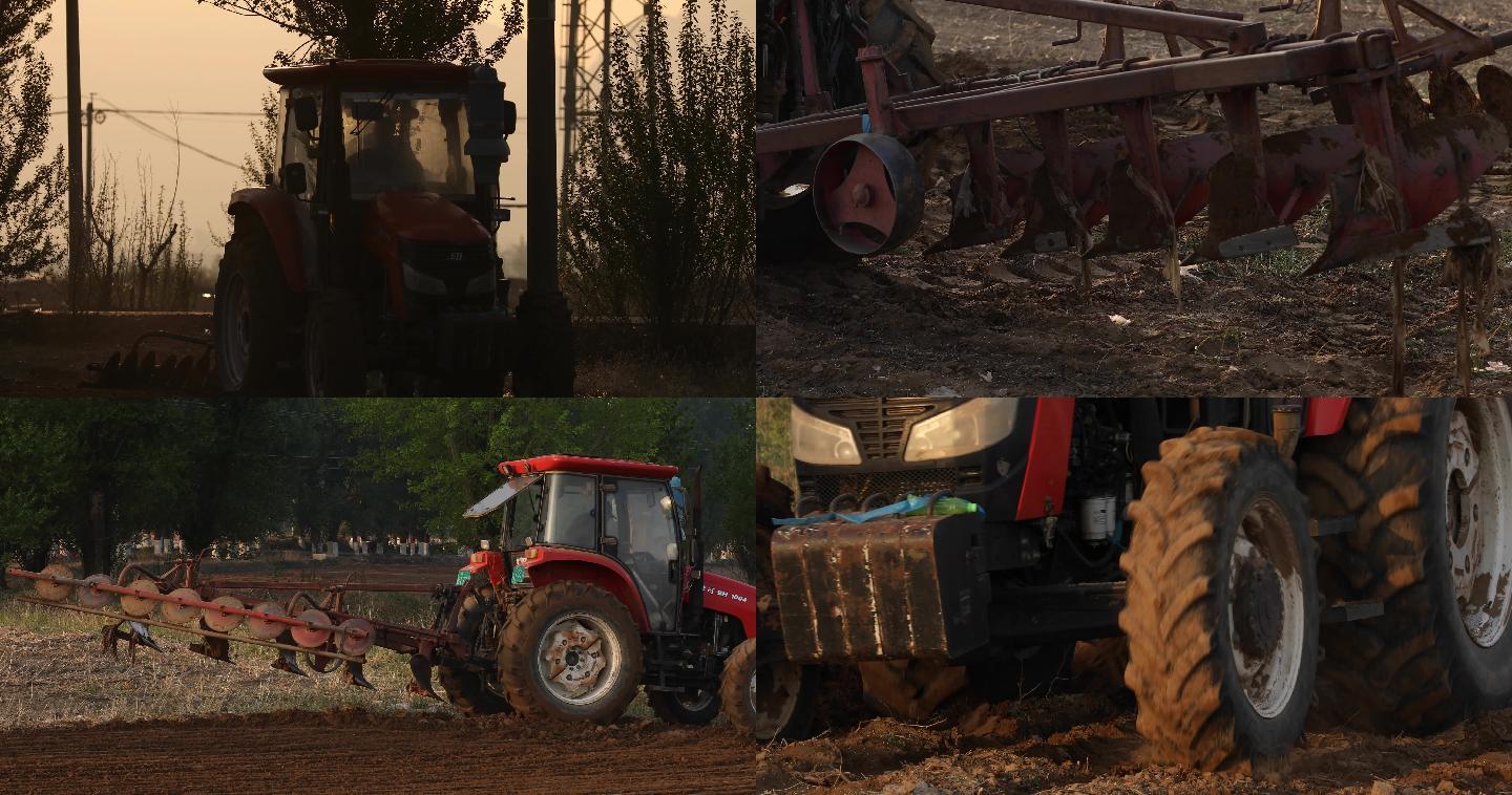 农耕春耕播种农民拖拉机，机器犁地