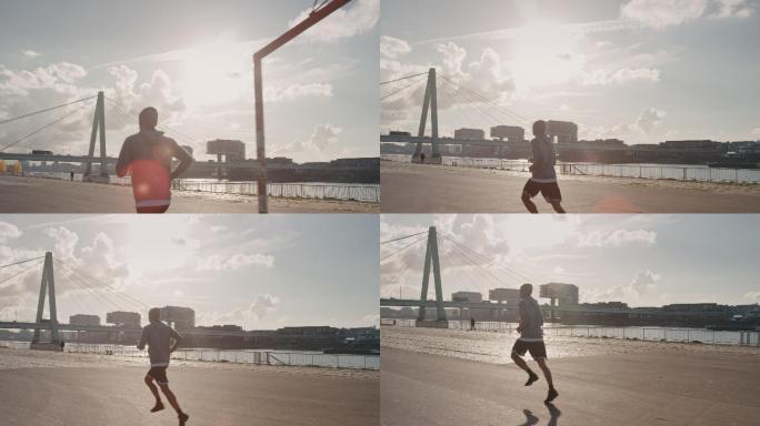 篮球运动员在晴天在城里慢跑