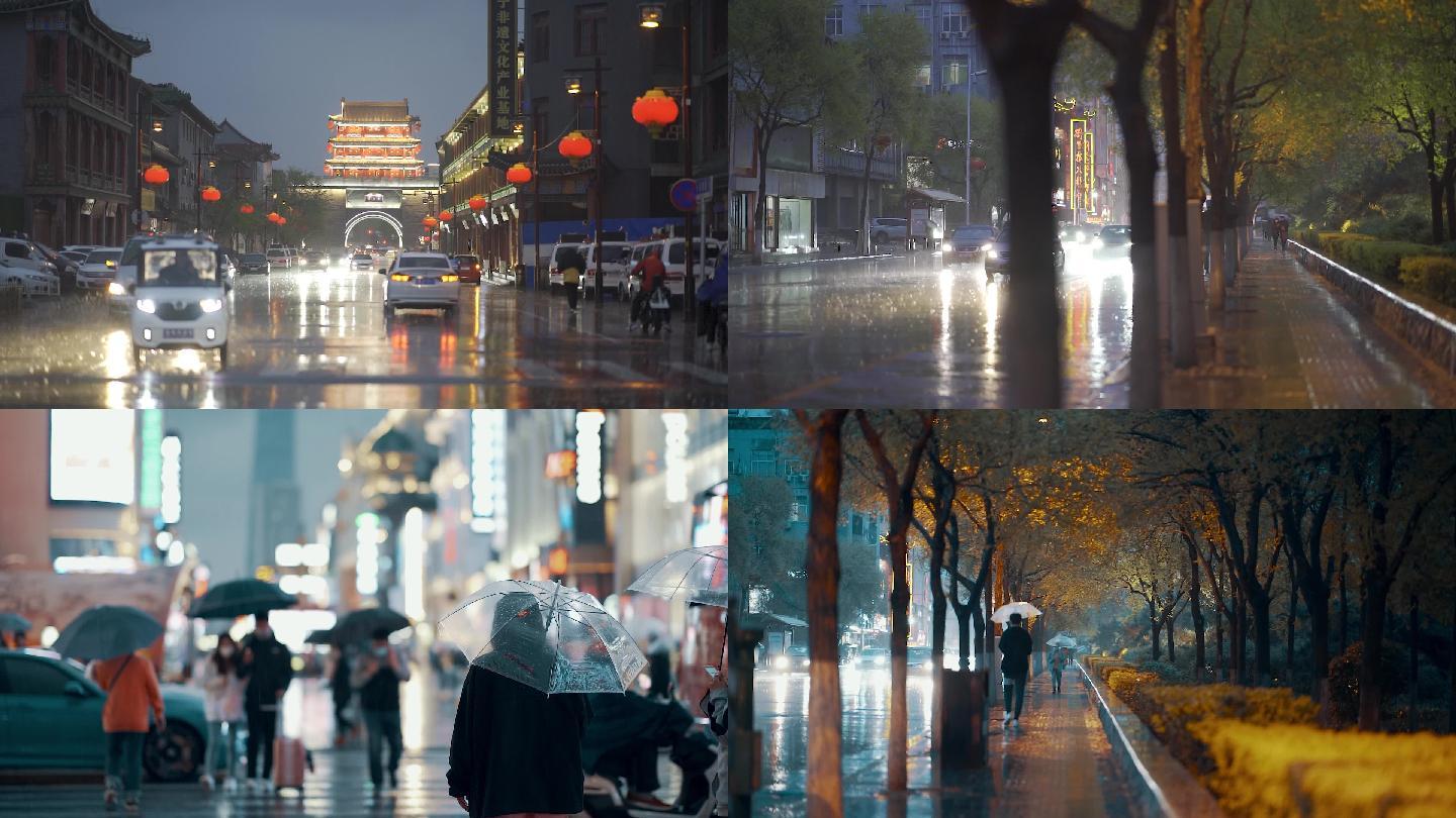 中国辽宁沈阳下雨中的城市夜景街道视频