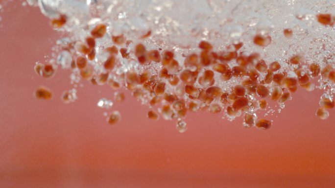 石榴籽大量落入水中，产生气泡