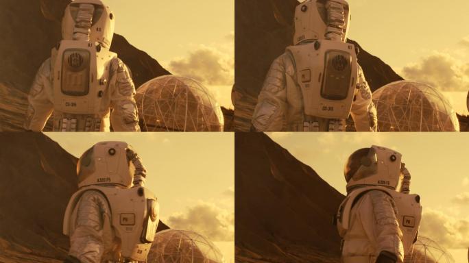 火星上的宇航员向他的基地/研究站走去
