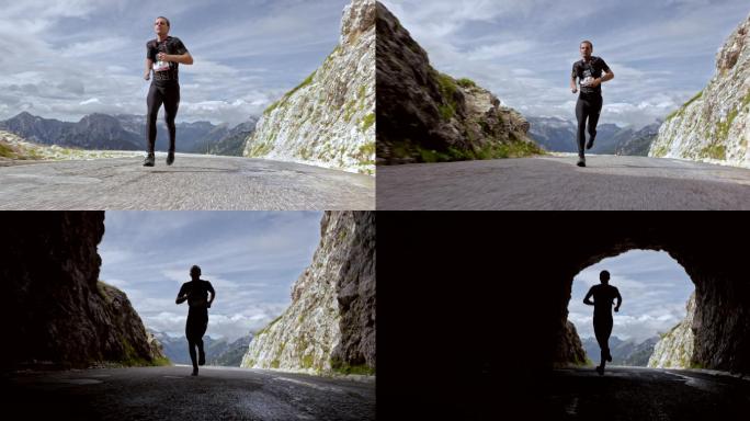 男运动员在高山隧道里跑马拉松