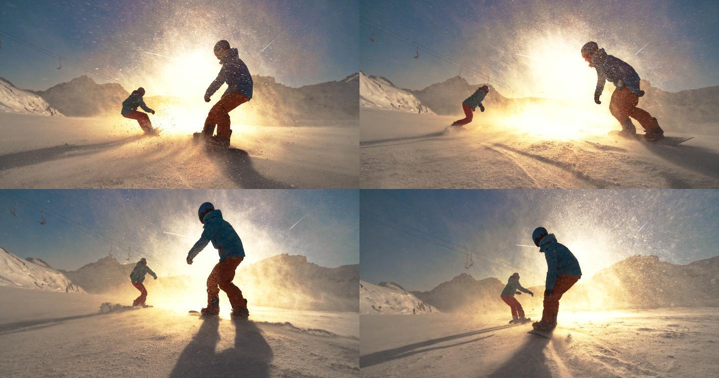 阳光下滑雪滑雪板晴空雪山雪季