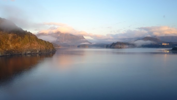 清晨飞过湖面自然之美倒影湖雾