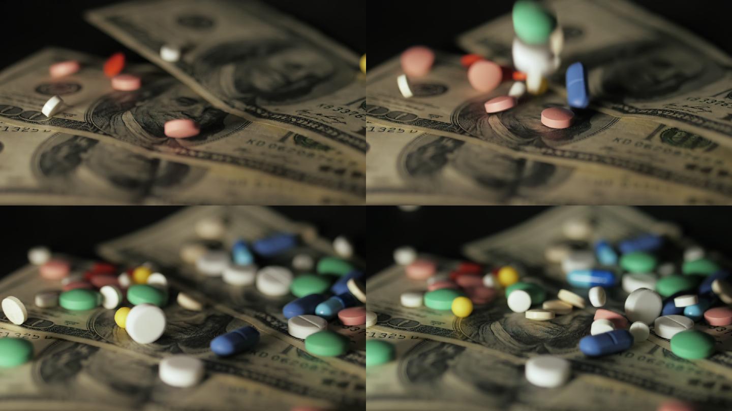 药片落在钞票上美金美元美联储加息经济危机