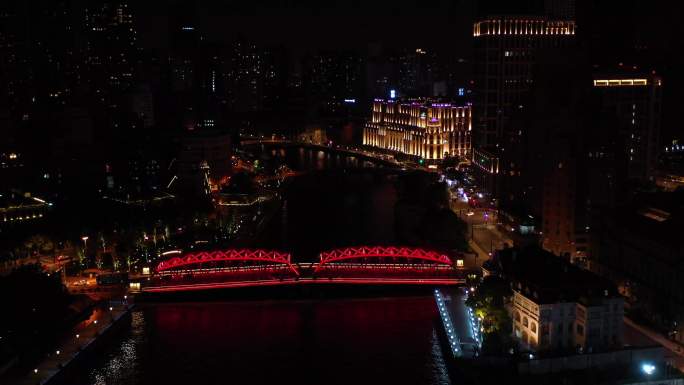 上海苏州河乍浦路桥宝嘉丽酒店城市夜景航拍