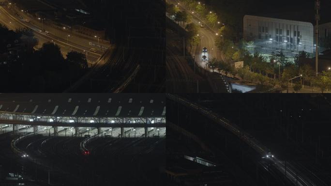 俯拍行驶高铁，城市窗外北京夜景，街道路灯