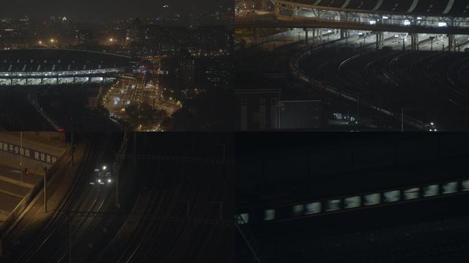 北京夜晚，俯拍高铁缓慢行驶，城市夜景，