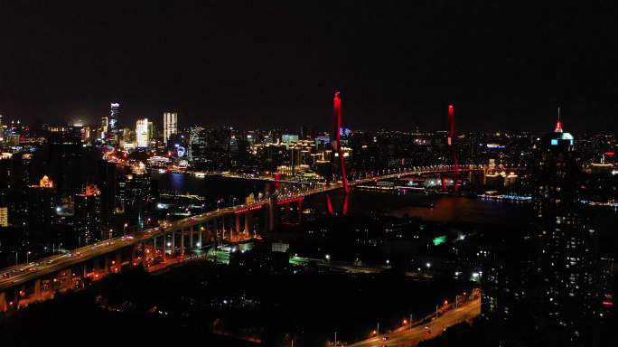 4k航拍上海夜景杨浦大桥素材